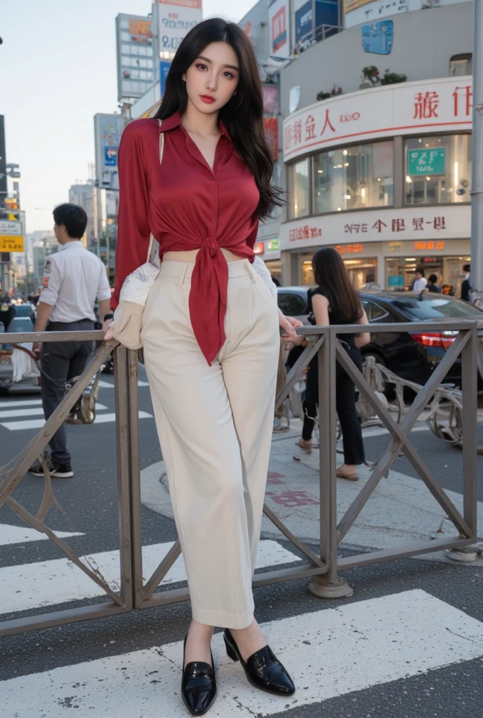 (Beautiful realistic Japan woman、Model actress)、Good looks、masterpiece、(Model body type,Beautiful breasts、Seductive hips)、The shirt、Fashionable pants、Beautiful limbs、ground、