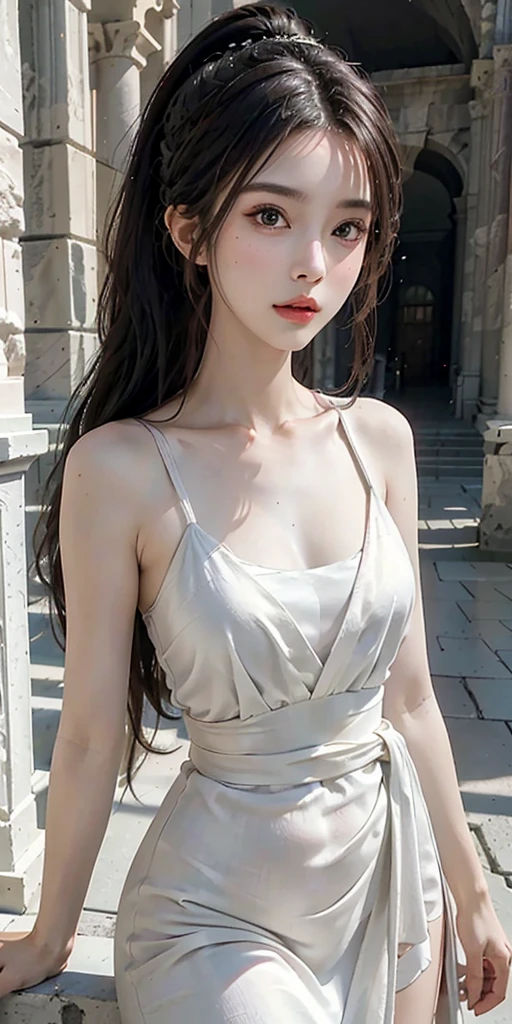 (8K, Best Quality, Masterpiece: 1, 2), (Realistic, Photo Realistic: 1,37), Top Quality, Masterpiece, Skinny 1girl Negona upper body photo wavy ponytail hair, audult, sexy dress, Chest cloth relax, bandeau dress, in the Colosseum, Wide angle close-up