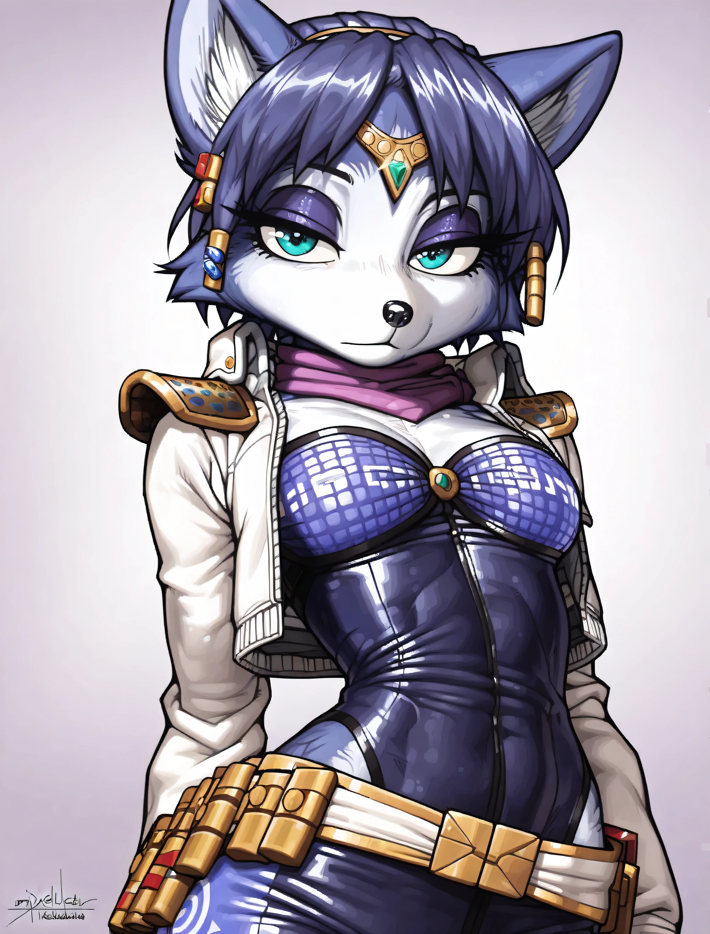 ((Krystal)), ((Starfox)), ((pixelsketcher)), ((wamudraws)), ((masterpiece)), ((high resolution)), ((cartoon style)), ((solo portrait)) {(attractive figure), (toned body), (slim waist), (hip dips), (blue fur), (black nose), (pointed fox ears), (blue hair), (hair accessories), (turquoise eyes), (half lidded eyes), (indigo eyeshadow), (long eyelashes), (calm look)}, {(navy blue bodysuit), (white jacket), (purple scarf), (utility belt)}, {(looking at viewer)}, ((military base))