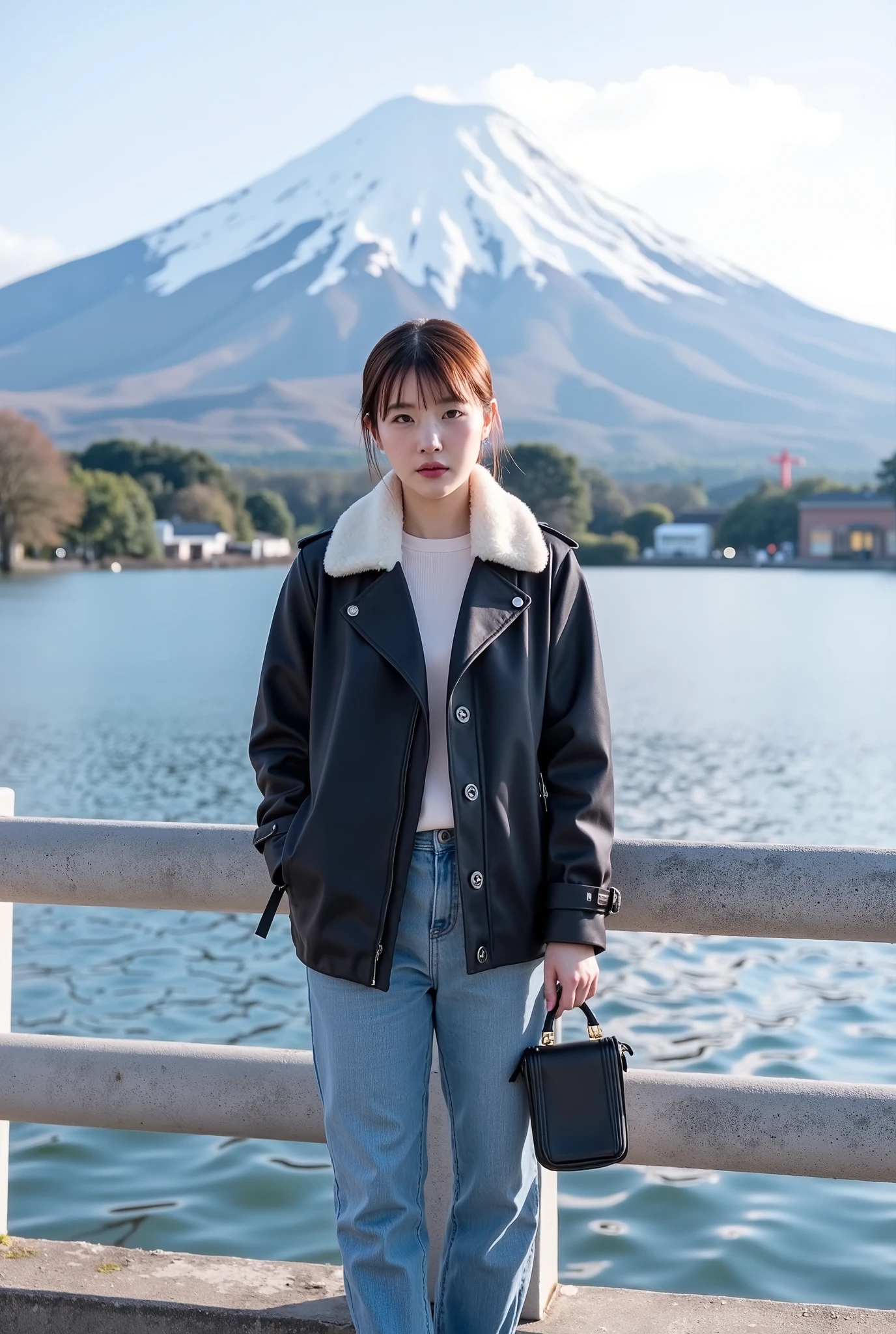 A young woman looking camera she is standing by a railing with a serene lake and Mount Fuji in the background. She is dressed warmly in a dark jacket with a shearling collar, loose-fitting jeans, and cozy boots, holding a small black handbag. The bright, clear sky enhances the snow-covered peak of Mount Fuji, creating a peaceful and picturesque atmosphere.