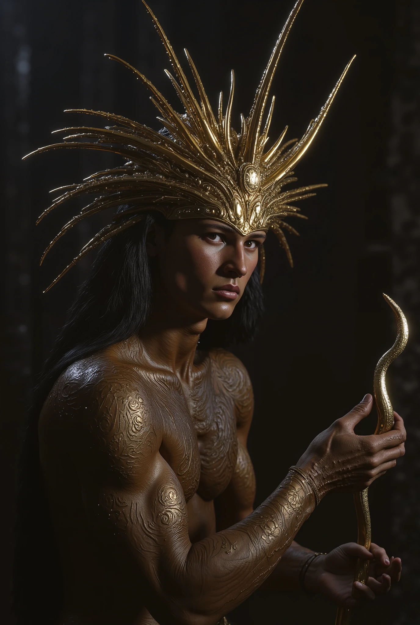 A 21year old boy with horns , Long golden black hair, crocodile eyes, deciles crown, white snake in hand, tattoo on body,