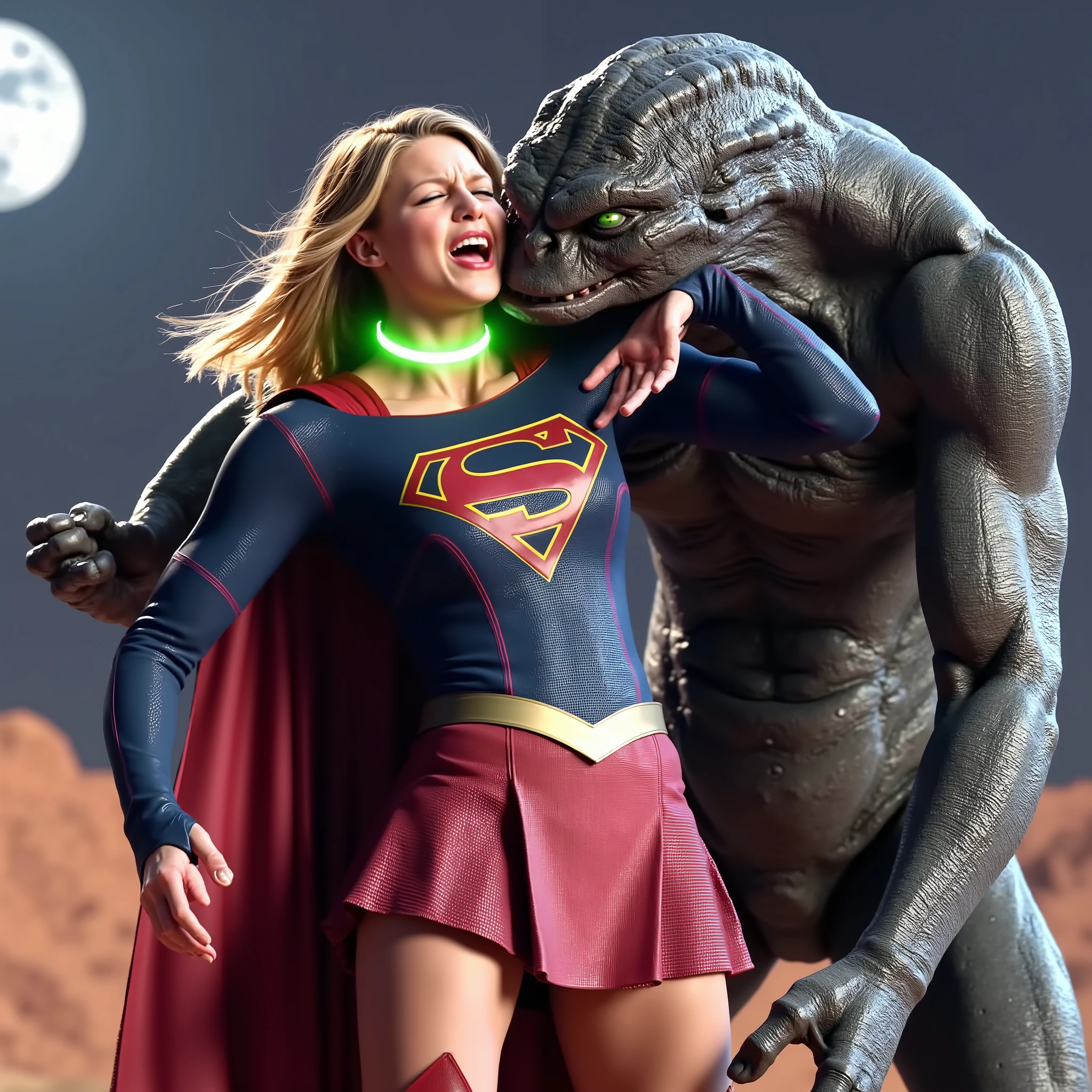 Melissa Benoist as Supergirl, Melissa Benoist is wearing a Supergirl costume as seen on TV, very bright white skin, Supergirl is defeated by a huge body fierce Alien Monster, It is standing in front of her, the Alien Monster seize her body tightly, can see whole body, Supergirl is wearing a short red leather fabric skirt, ((tattered skirt and upskirt:1.8)), Supergirl is wearing a thin black pantyhose:1.6, red knee height long boots, dirty body, bright white skin, blonde hair, lighting green collar on her neck, ((Supergirl is screaming in pain)), Supergirl is seriously injured, painful, (Excruciating pain face), photorealistic, hyper realistic, ((whole body visible:1.9)), night time on the Mar with moon lighting,