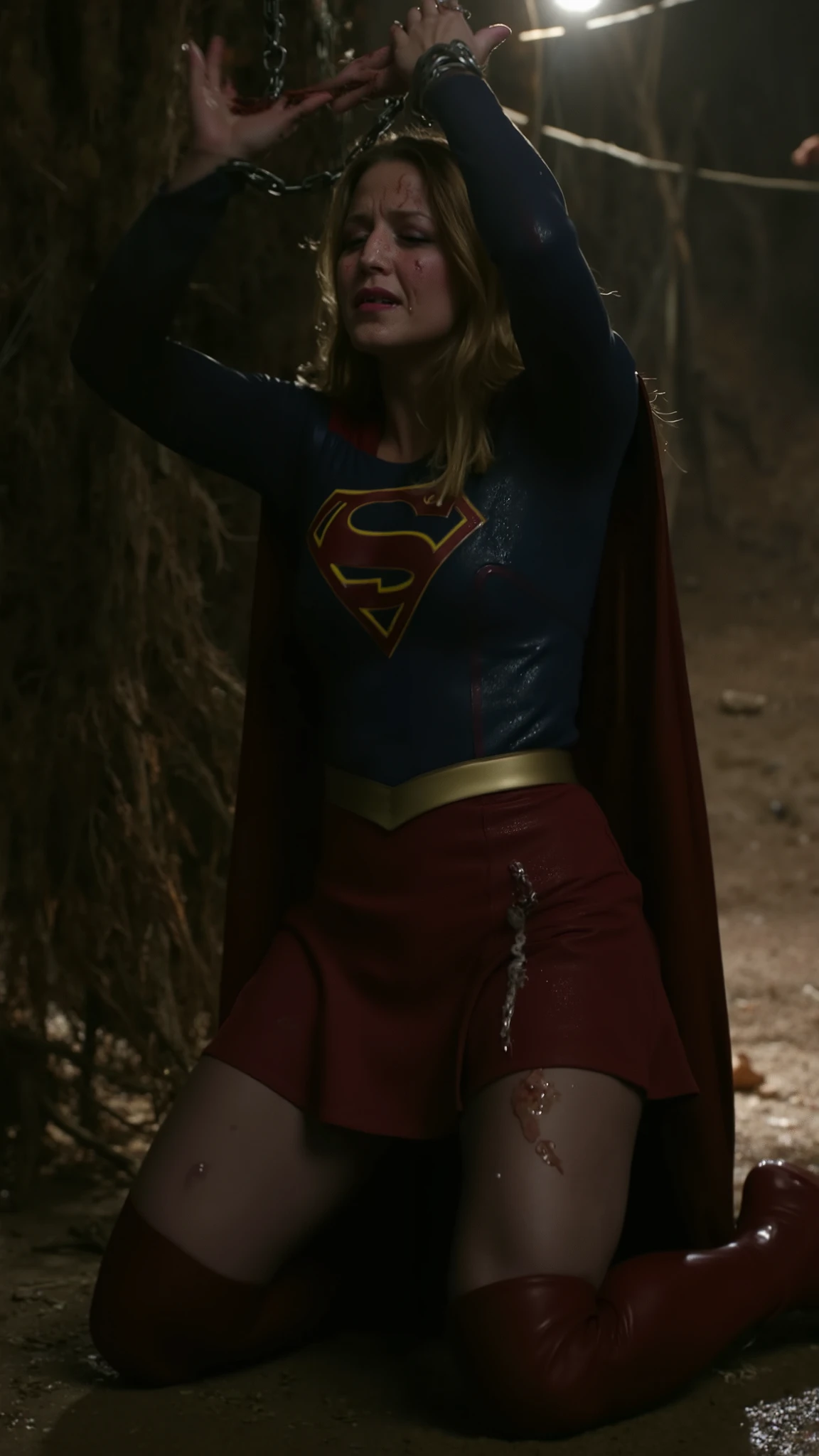 HD, Masterpiece, (((super detailed face))), (beautiful face), 1 woman in a superman costume laying on the floor, very beautiful supergirl, super photo realistic, super photorealistic, visual of supergirl, (pantyhose:1.4), ((full body shot)), 4k, cinematic, ((full body shot)), (zoom out:1.2), realistic , super high resolution, super highly detailed, 4 k, (torn pantyhose), (((eyes closed))), (sleep), (Unconsciousness), ((closed lips)), Closed mouth, ((Blonde hair)), (stretch legs) , ((Lie down on the floor)), (Abandoned building wreckage backdrop), (Red bootolded up skirt to see panties))), ((Show underwear)), (can see panties), semen on face, (semen on chest:1.4), (semen on skirt:1.3), (semen on thighs:1.5),