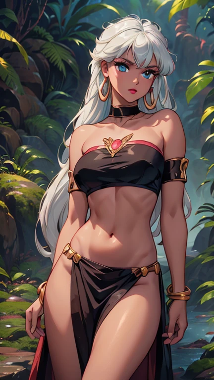 ((1girl)) full body, standing, grey skin, drow, elf, mature, detailed happy face, purple eyes, white hair, black bikini, abs, big knockers, golden chain collar, stomach tattoo (red tattoo), whole body. 1solo (girl). slave fighter, loincloth standing, hands on hips, metal sandals, choker, big belt, view from below, feet together, bracers, tiara