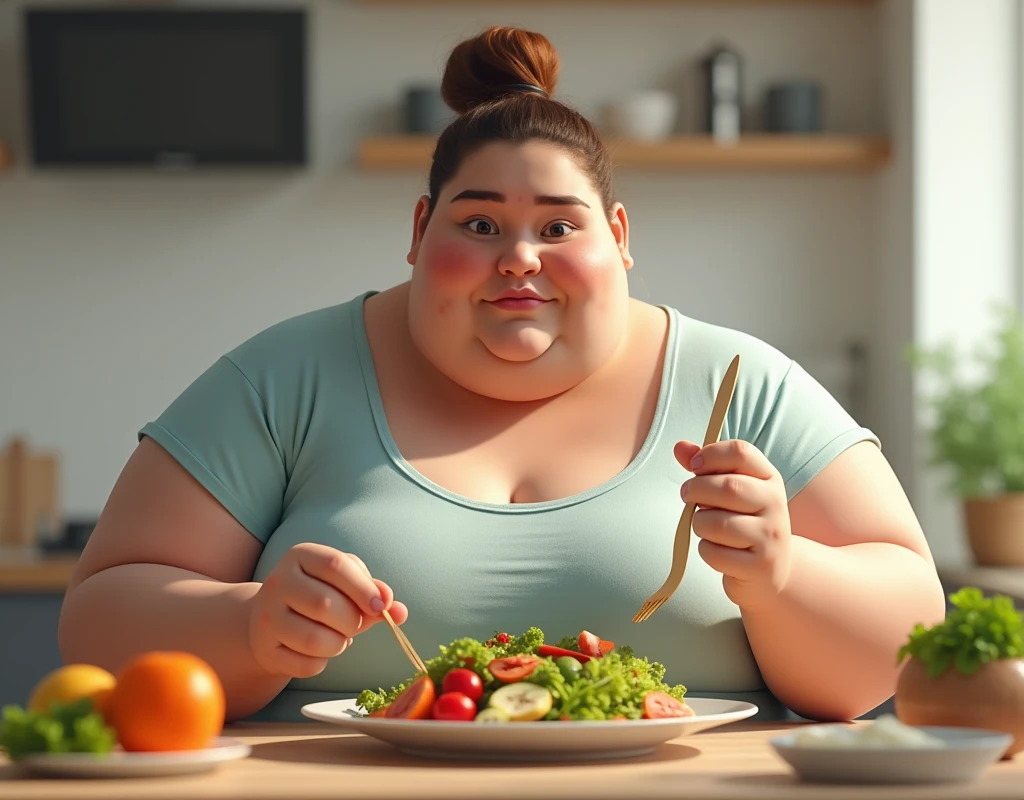 Fat woman eating a disgusting green salad with a lot of disgust and dissatisfaction --auto