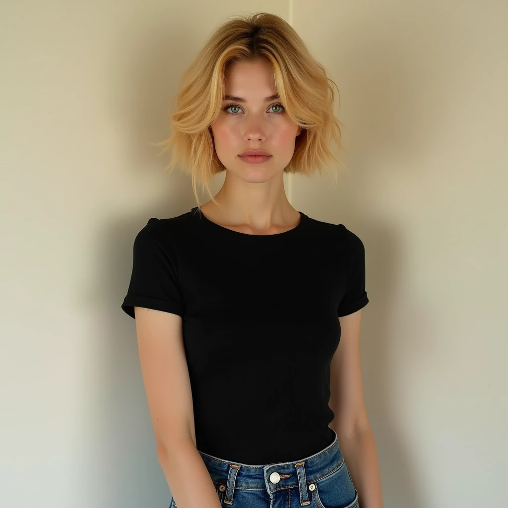 Beautiful 2/-year-old woman with a well-defined, sculptural and athletic body, beautiful. perfect, ((blonde hair, hair falling over one eye, emo bangs, short hair, cropped hair)), (blue eyes). very small breasts, perfect skin, white skin. thin nose, thin chin, 30s, tall legs, full body photo, (torn shirt, old t-shirt, sleeveless shirt)