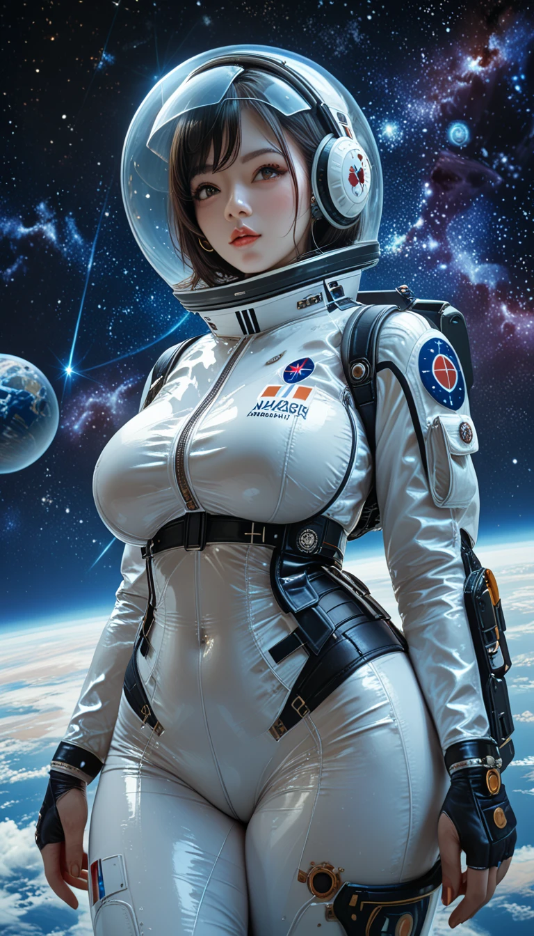 Korean girl in astronaut suit on moon, (An extremely delicate and beautiful work), beautiful face, waist leaking, full body, Random posture, big breasts, delicate figure, realistic photo, (portrait), [smoke], [haze], natural lighting, shallow depth of field, photographed on a Canon EOS-1D X Mark III, 50mm lens, F/2.8, (intricately detailed, hyperdetailed), ((RAW color)), sharp focus, HDR, 4k resolution, Cinematic film --auto --s2