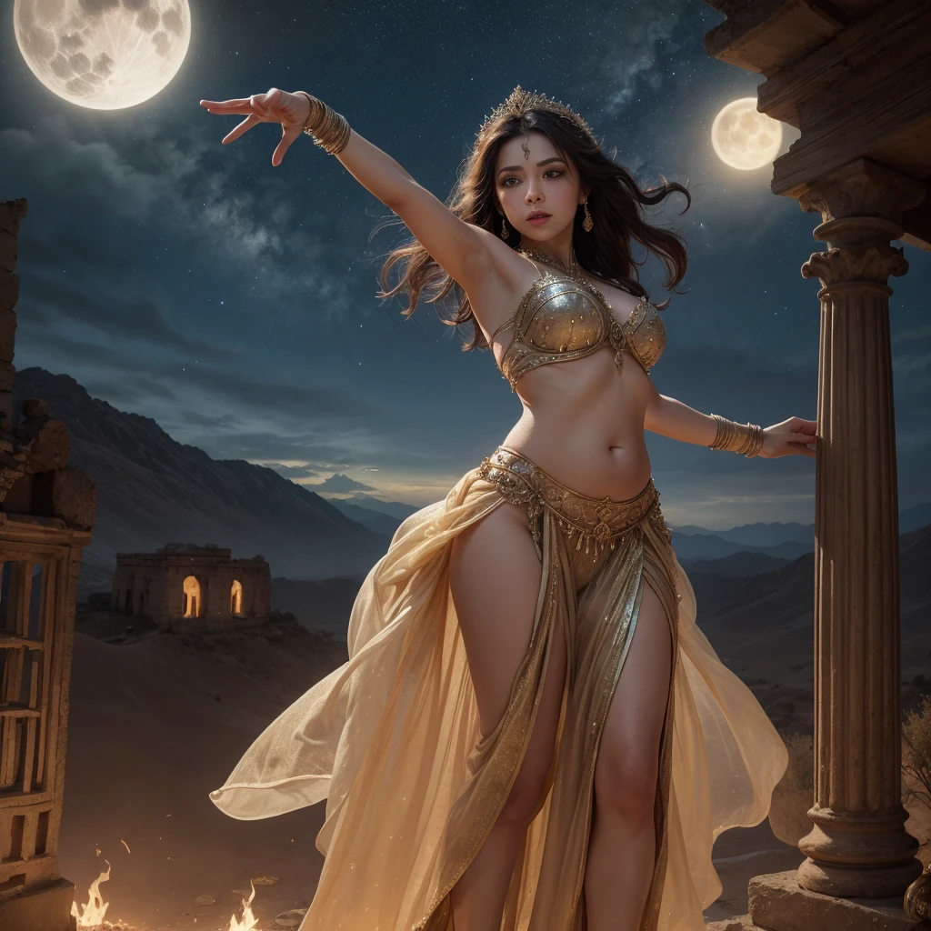 Aerial view, (young intricate woman dancing in the Sana'a Old Town complex of buildings:1.2), she wears thin silk dress, her beautiful and cute smiling face, wide angle lens f/2.8, ultra insane high resolution intricate textures, texture indentation, perfect perspective, perfect geometry, the solar system in another dimension, other worlds, extraterrestrial giant beings perform a ritual, fire all around, celestial singularity, energy fields, gloomy image, luminism, ultra detailed busy background, tessellation, maximalism, perfectionism, IPA Award wining masterpiece,