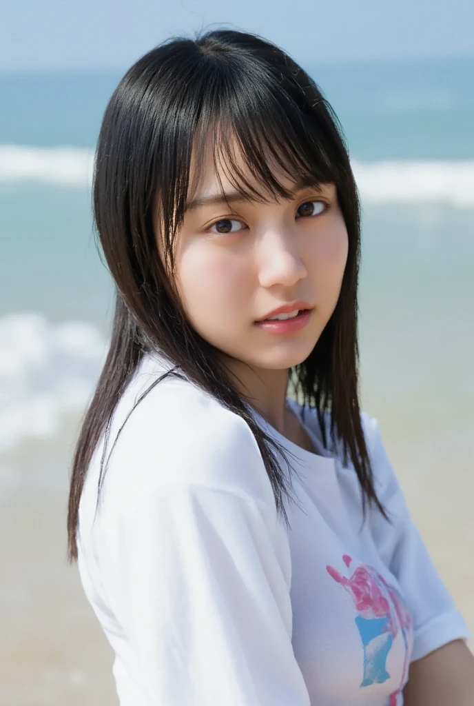 (RAW Photos: 1.2), (Realistic: 1.4), (highest quality: 1.4), Ultra-high resolution, (Fine Eyes),Nude Photos,Full body photo、Gravure photo,1. High school girl,(Large Breasts),You can see the chest、Black Hair,((White gathered blouse、pastel cardigan)),Bright Eyes,Blushing,smile,Highly detailed face and skin texture, Healthy Skin,(Beach),8K resolution