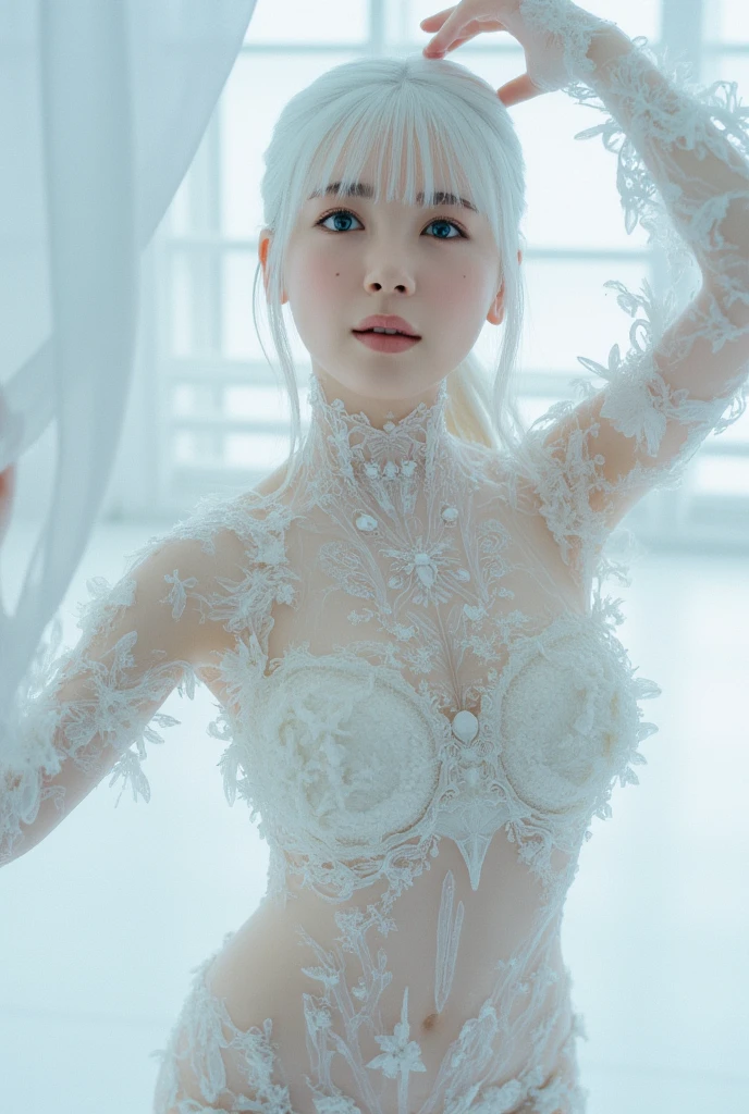 (8K TopQuality masterpiece: 1.2)(Realistic ProfessionalPhoto:1.37), VolumetricLighting. Tiny Girls, girl jumping into the water、Falling、splash water、shout、Luminous water surface、White and Bright colors, back lighting, Radiant PearlSkin with Transparency, sparkling highlights, Detailed KAWAII face with cute lips, long eyelashes, Delicate lace clothes, Detailed open crotch