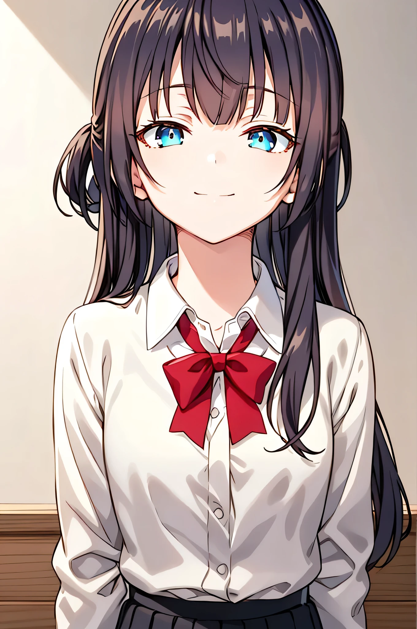 detectiveLunch break, Smile, long hair, bangs, blue eyes , shirt, Headdress, long sleeve, skirt, bow, black hair, Hairpin, blunt bangs, bowtie, red bow, x Headdress, red bowtie, Lunch break, ( Medium Bust :1.2), rest looking at viewer, rest outside, rest ( masterpiece:1.2), BEST QUALITY, high resolution , unified 8k wallpaper, (illustration:0.8), ( Beautiful and refined eyes:1.6), extremely fine facial , perfect lighting , extremely detailed CG , ( perfect hands , Perfect Anatomy ),