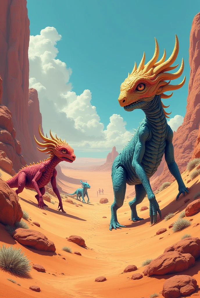 Female reptilian and her golden-scaled partner watch the ocean waves. Pink sand beach and sharp dark mountains.
The sky with a green nebula at night