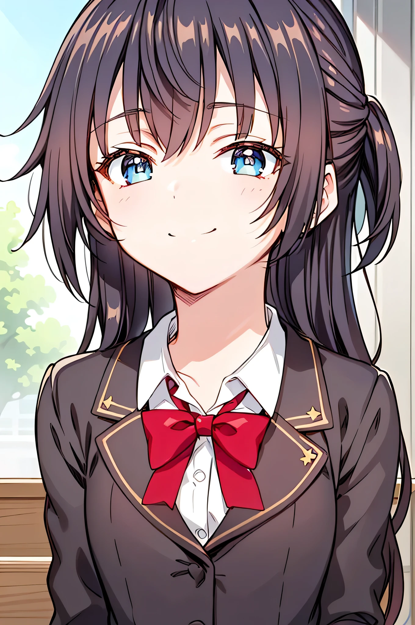 detectiveLunch break,  Smile,  long hair,  bangs,  blue eyes , shirt, Headdress,   long sleeve, skirt, bow,  black hair, Hairpin, blunt  bangs, bowtie, red bow, x Headdress, red bowtie, Lunch break, ( Medium Bust :1.2), rest looking at viewer, rest outside, rest ( masterpiece:1.2),  BEST QUALITY,   high resolution  , unified 8k wallpaper, (illustration:0.8), ( Beautiful and refined eyes:1.6),  extremely fine facial ,  perfect lighting ,  extremely detailed CG , ( perfect hands ,  Perfect Anatomy ),