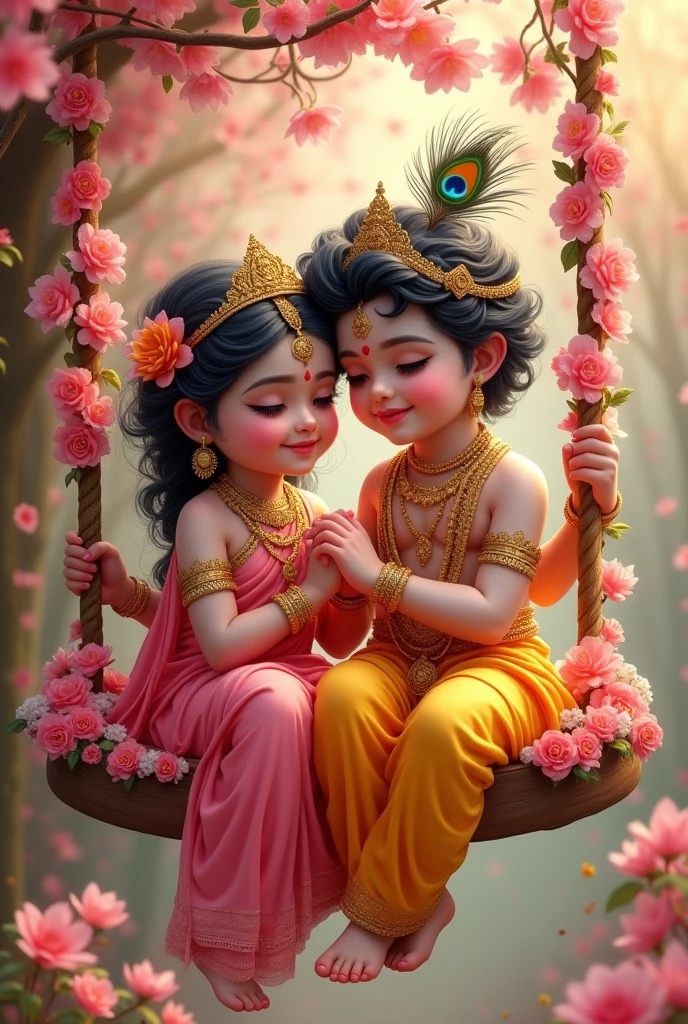 A little baby girl sitting beside little krishna on swing, full decoration of background, different type of flowers 