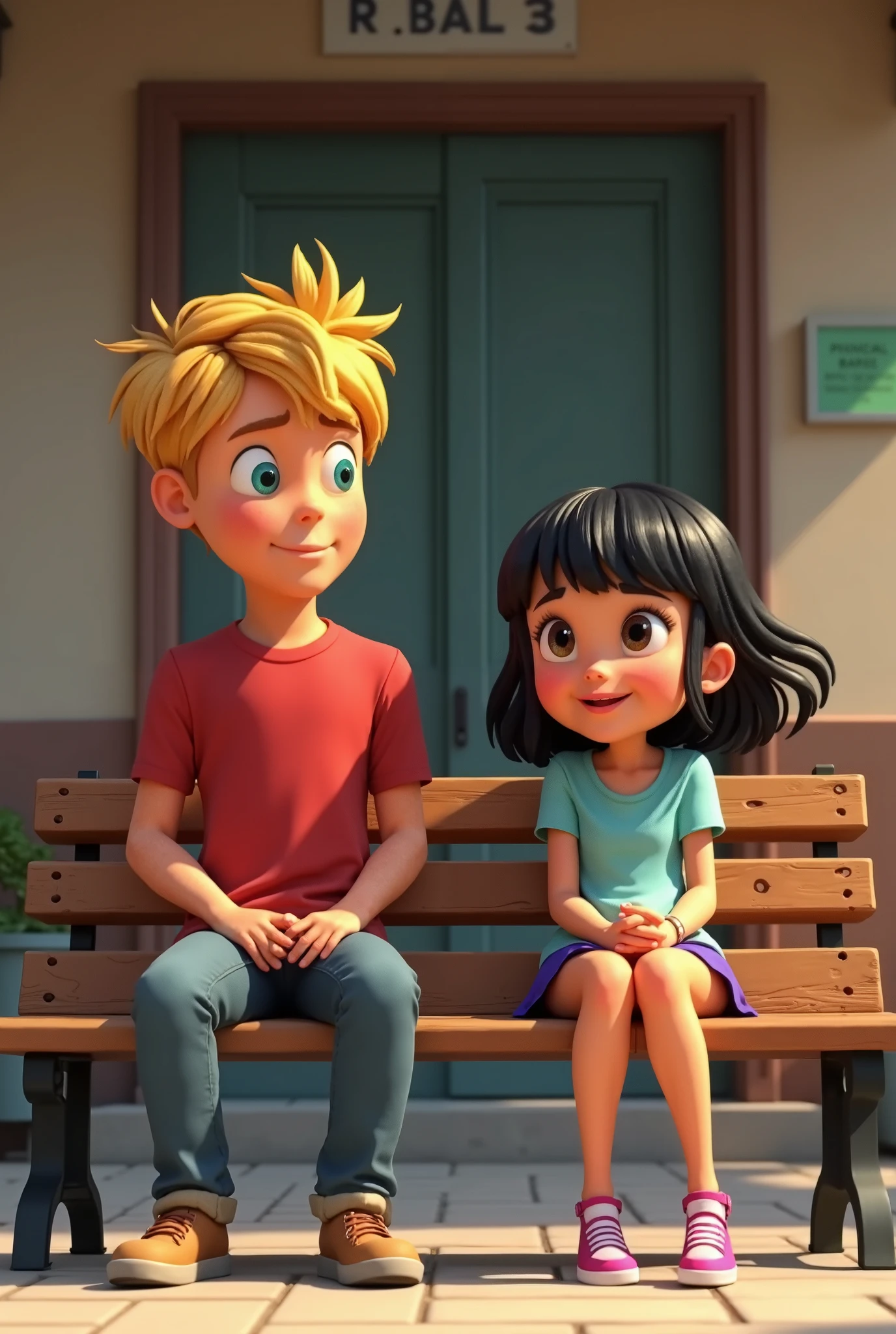 A girl with black hair, Dora bangs and brown eyes sits on a bench in front of a principal's office with a blond boy, turquoise eyes. They are young genre 18 years. And they are not très proche. Beautiful Pixar version but 2D