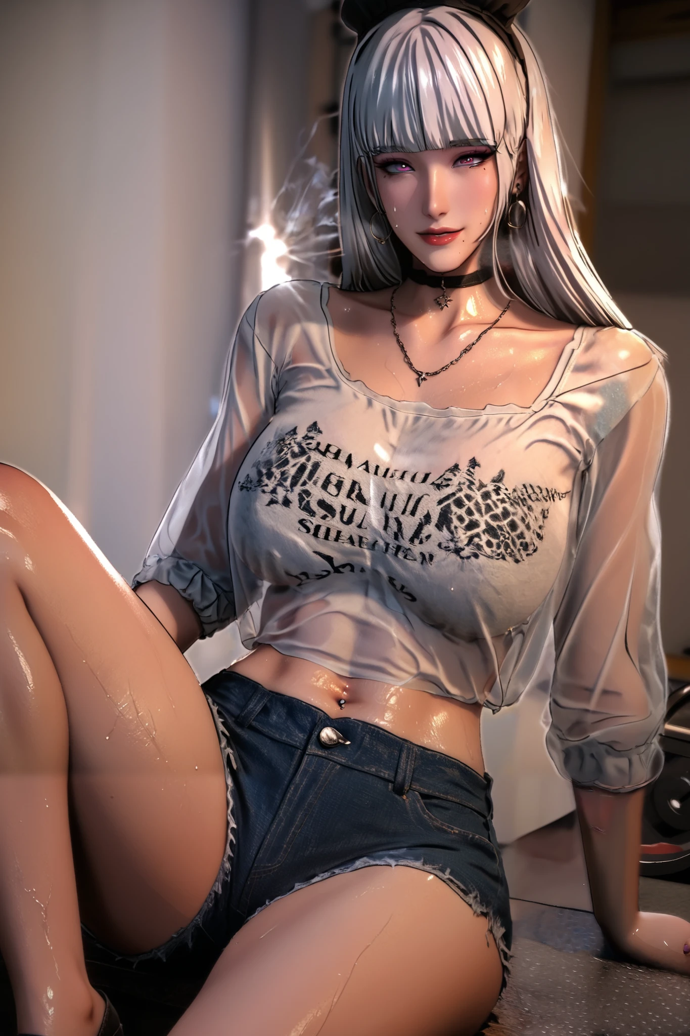 score_9, score_8_up, score_7_up, long hair, white hair, blunt bangs, purple eyes, black headdress, black hairband, 3d, cgi, (voluptuous:1.3), (thick:1.3), BREAK UHD, retina, masterpiece, accurate, anatomically correct, textured skin, super detail, high details, high quality, award winning, best quality, highres, 4K, black nails, makeup, eyelashes, excessive sweating, sweating, sweating drop, (gasping, heavy breathing:1.3), (skindentation:1.2), perfect eyes, beautiful eyes, eyelashes, makeup, detailed body, perfect body, BREAK, 1girl, piercing, solo, shorts, shirt, choker, navel_piercing, jewelry, denim_shorts, ear_piercing, looking_at_viewer, black_choker, denim, navel, earrings, breasts, sitting, barbell_piercing, collared_shirt, parted_lips, necklace, thighs, pink_nails, short_shorts, cutoffs, industrial_piercing, mole_on_stomach, see-through, collarbone, blue_shorts, off_shoulder, lips, smile, mole, indoors,