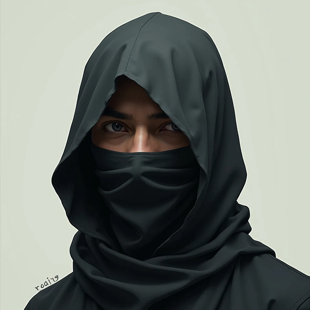 A handsome man, wearing a kaffiyah covering his hair to his face, only showing his eyes, wearing a long shirt, half body, black eyes, HD, 8K, Ultra hd,