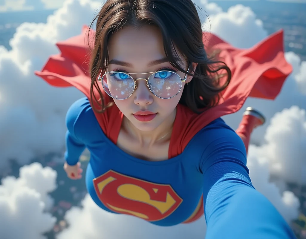 cute and sexy Supergirl short blue hair and blue eyes, blue croptop, short sleeves, red cape, red pencil skirt, red boots, red gloves, outdoor, on top of a building, view of the city of New York, arms down, hands behind, (supergirl Taking a selfie:1.3)