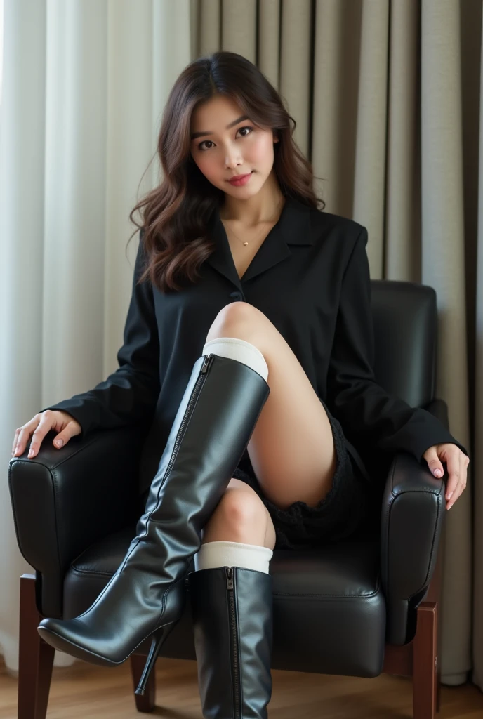 Best Quality, masutepiece, 超A high resolution,(photographrealistic:1.4),(depth of fields),Realistic,Professional Lighting, Physically-based rendering, 1girl in,(contented smile:1.2), Cinematic Light, Mature,19 years old, Whole body, view straight on,girl, Woman, (long boots:1.5), ((Japanese Idol)), Long hair, hair messy, asymmetrical bangs, light brown hair, messy hair style, Authentic and detailed face, embarrassed, Authentic skin texture, barechested, Open your clothes, inside in room, Transparent background, extremely detailed CG unity 8k,(19 years old:1.5),