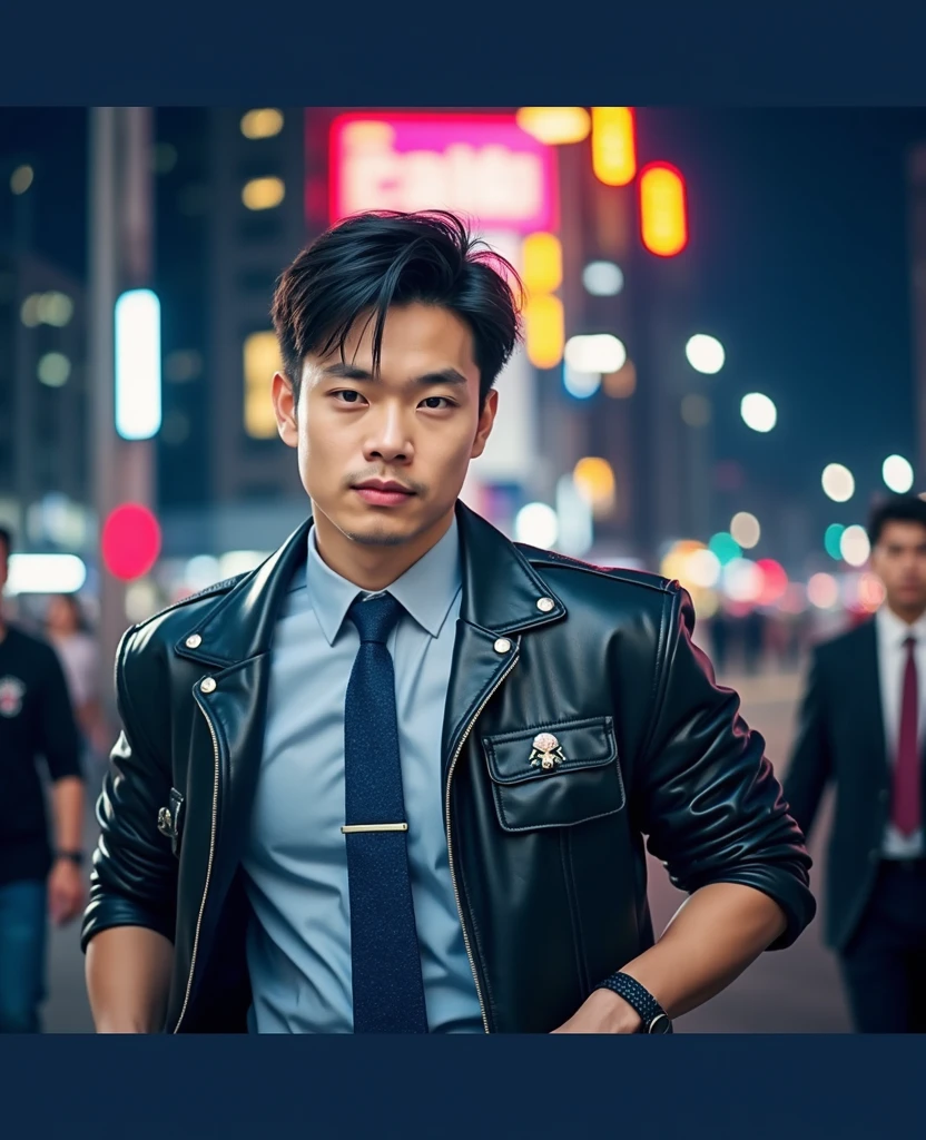 standing near Boss 429 Mustang car,black in colour , handsome chad chin, handsome man, holding gun , symmetrical eyes looking at viewer, in style of action movie theme , ,dark cinematic lighting , outdoor , highway in american , sunset , landscape , mountains behind , different poses for 4 photos , whole body ,black matted leather shoe , high quality , whole body in frame