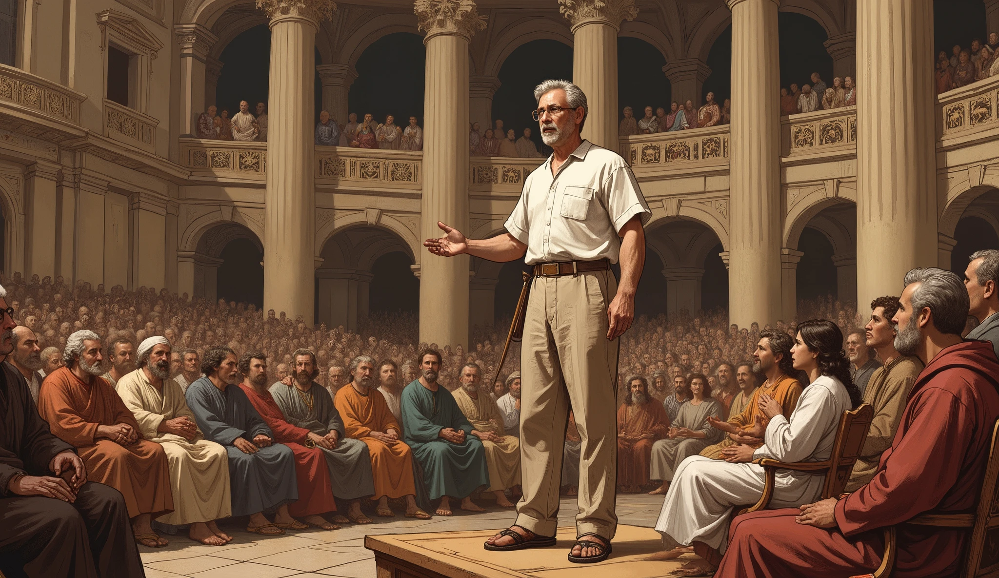 A painting, drawn in a biblical style. The image features fine details typical of Renaissance paintings, reminiscent of classical religious works of art. A painting, drawn in a biblical style. The image features fine details typical of Renaissance paintings, reminiscent of classical religious works of art. A middle-aged man with gray hair and mustache, (((glasses))), a white, short-sleeved button-down shirt, beige pants, and sandals, stands on a platform addressing a group of people in a convention hall.