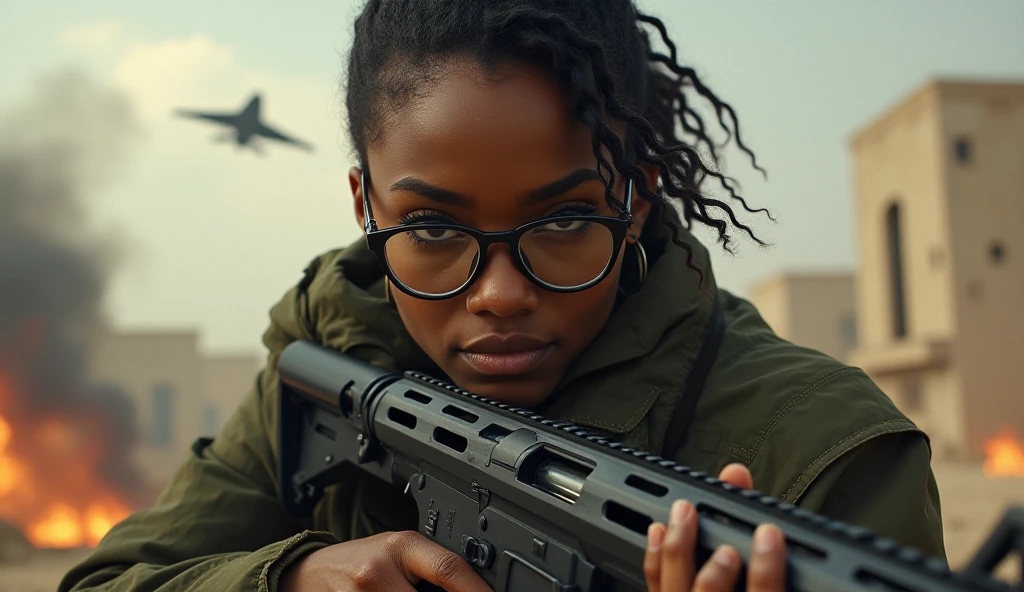 Multiple black women,20th Generation,Blonde,Dark Skin,Army Corps,With an assault rifle,U.S. military bases,Braid,Serious face,military,Cowboy Shot,