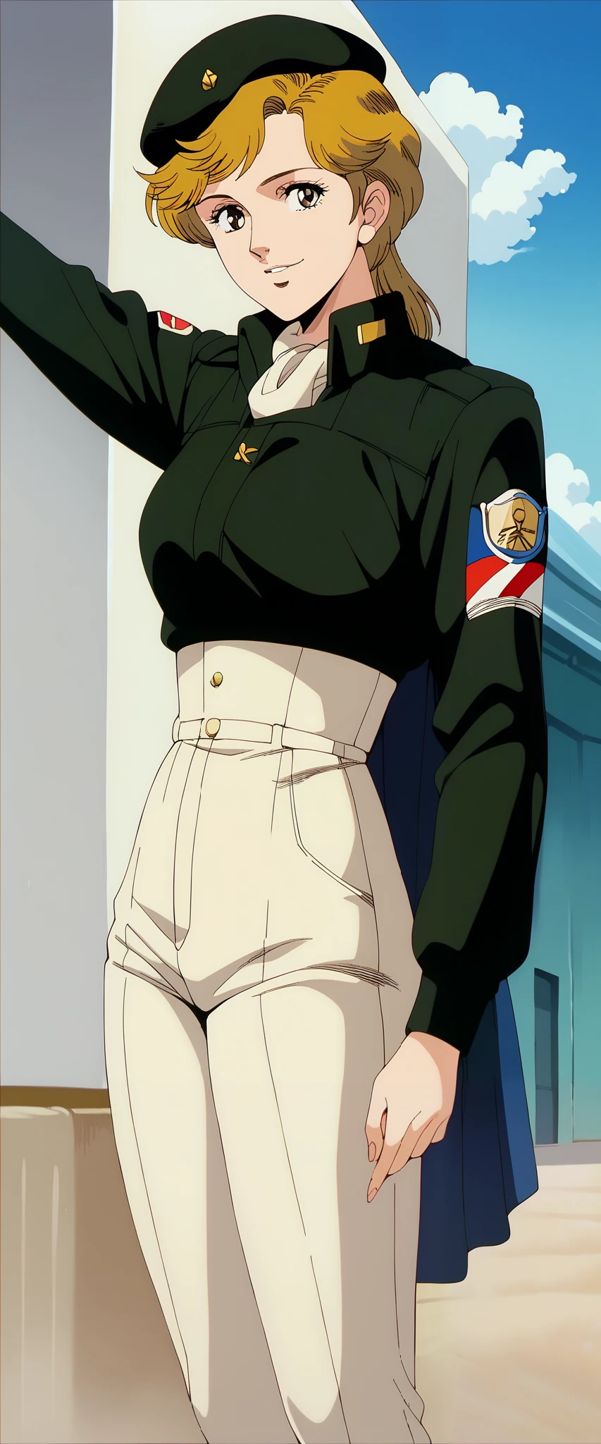 Frederica,score_9, score_8_up, score_7_up,,source_anime,1girl,solo,hat,black jacket,military uniform,white pants,standing,indoor,smile, retro style ,,[[reaching to viewer]],,