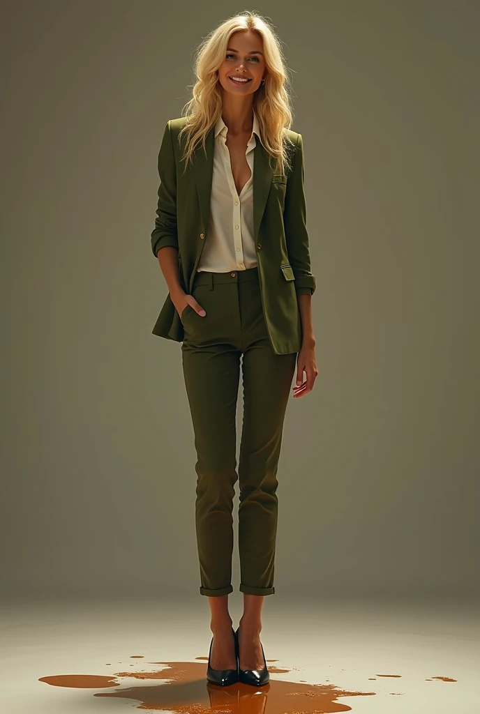 tall blonde, short curly hair, olive green business pants and cropped olive green jacket, ((tan 5" heels)), ((tan blouse)), messy bob haircut, ((pee stain)), show heels, heels filled with pee, shins of pants are soaked with pee, pants really soaked with pee, pee stain is shiny wet, inviting smile, pee runs down her legs and soaks the shins of her business pants