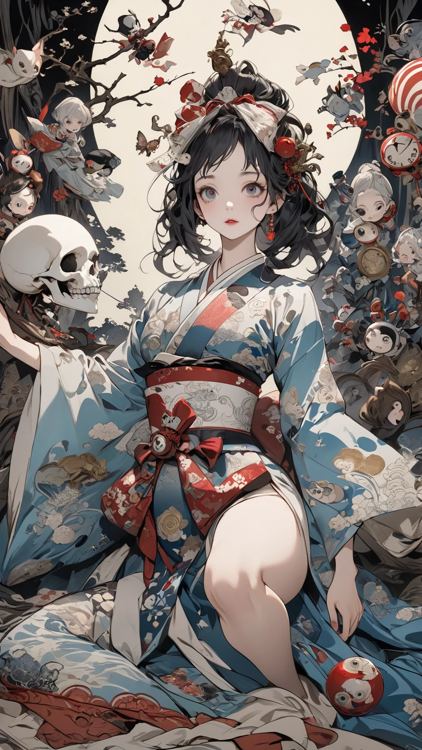 Qing Dynasty Zombie Portraits,Black hat,There is a rune on the forehead,Stand collar robe,Japanese horror style Japanese pop surrealism, author:Yukika Kosaka, Nguyen Gia and Joao Nguyen,