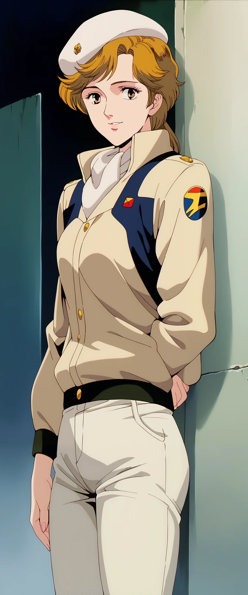 Frederica,score_9, score_8_up, score_7_up,,source_anime,1girl,solo,hat,black jacket,military uniform,white pants,standing,indoor,smile, retro style ,,[[reaching to viewer]],,