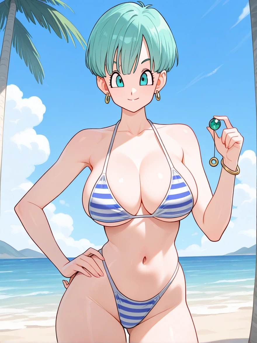 High resolution, Dragon Ball, Bulma, 1girl, ((bimbo))), short blue hair, blue eyes, puffy lips, thick lips, wide hips, thick thighs, enormous fake breast, huge ass, sexy flirty face, shiny skin, sexy legs, breasts squeezed together, white micro bikini, beach, camel toe, perky nipples,