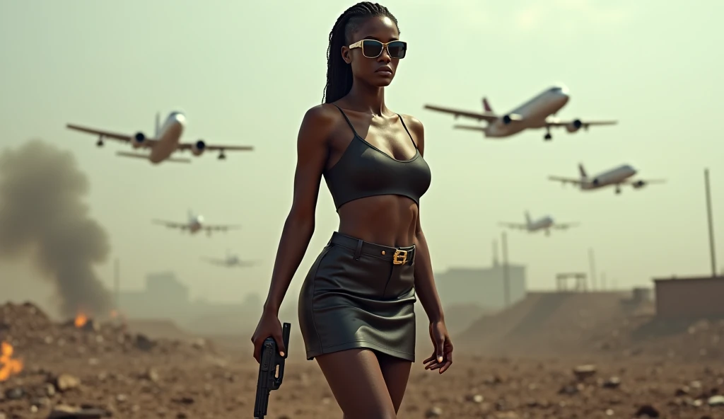 African woman blocking plane