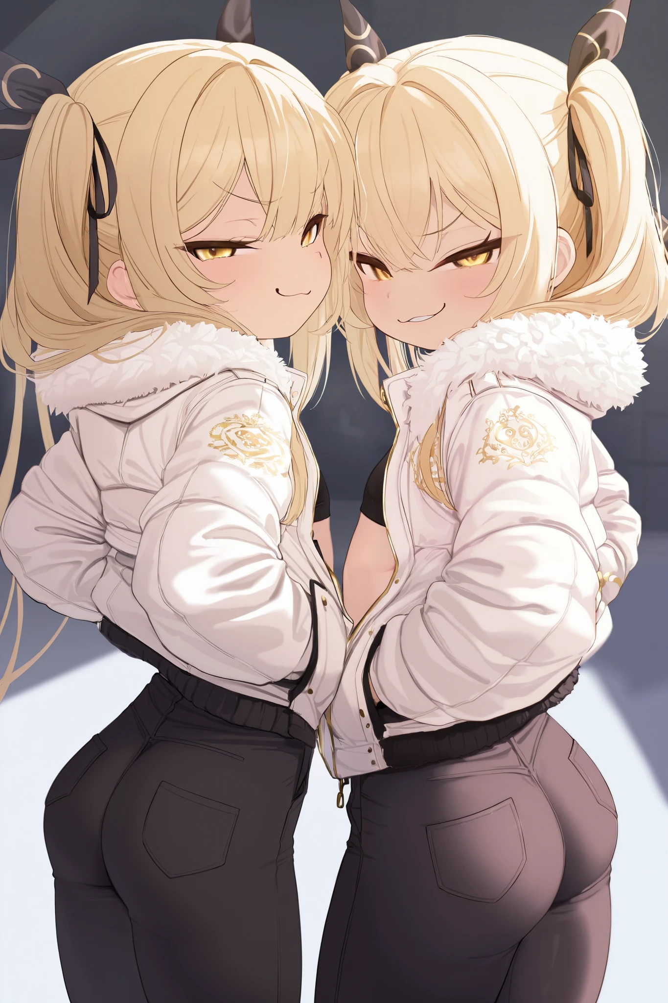 From back, blonde, gold eyes, hair ribbon, fur trim white jacket, twins, 2 girls, smug, mesugaki, looking at viewer, ass, thick thights, flat chest, high-waist black pants, hands in jacket's pocket