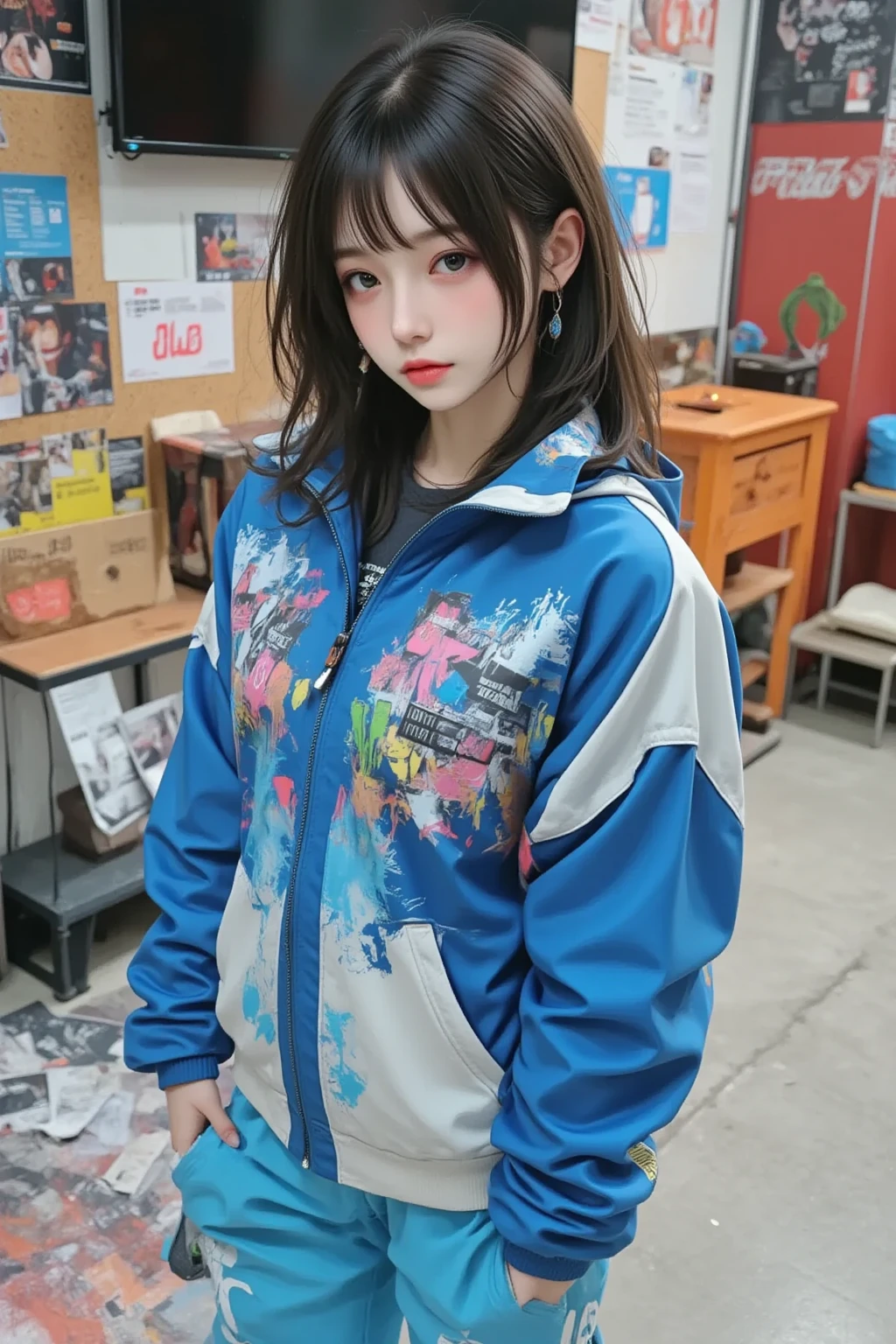 (best quality), masterpiece, extremely detailed CG uniform 8K illustration, high color, extremely high color saturation, all colors deepened, paint, graffiti art, center composition, extremely detailed light and shadow, graffiti wall, wall painted bright, 1 girl graffiti 1 girl looking at the wall, extremely detailed face and eyes,short hair, underwear, colored clouds, vintage clothes