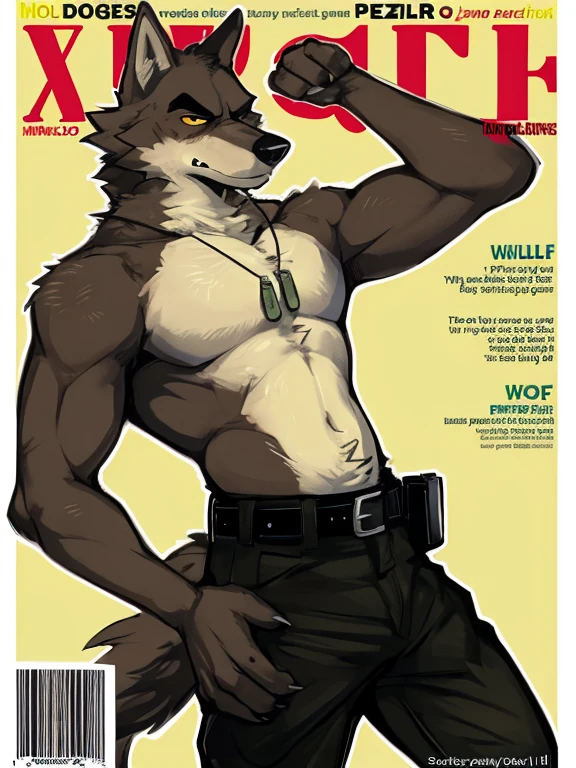 Furry, anthropomorphic wolf, Russet brown fur, dark brown hair, dark green eyes, 6'1 and 173 lbs, 41" Chest, 19" Shoulders, 13" Biceps, 32" waist, 23" Thighs, 15" Calves, 19" Back, twink, slim, porn magazine cover, smiling calmly, soft colors, vivid colors, pastel colors, soft shading