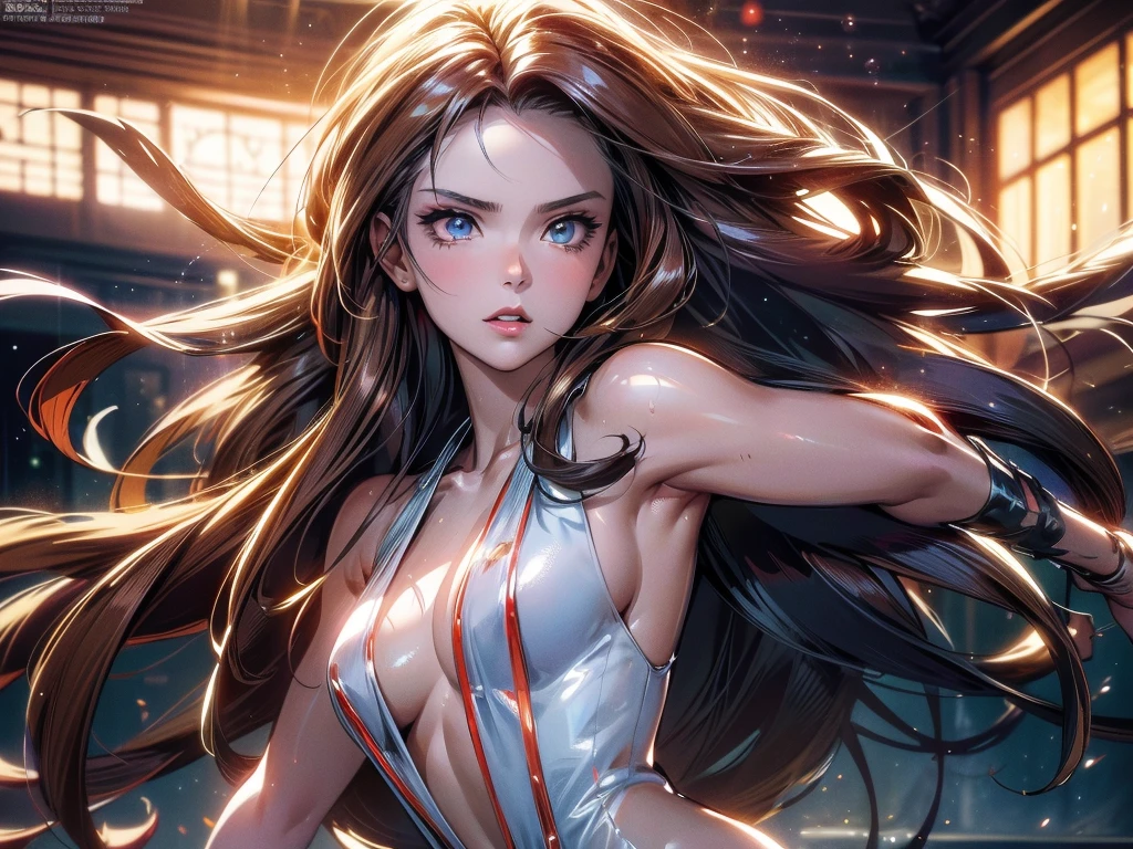 Photo of a 25 year old European girl posing, to be born, Beautiful woman, (super long wavy brown hair), ((portrait)), ((get used to it face:1.2)), ((get used to it facial features)), (finely get used to it skin), white skin, (White short dress), cyberpunk metropolis environment, (cool colorist, Moist, masterpiece of reflection) (perfect proportions)(realistic pictures)(highest quality) (get used to it) , HDR, (8k) (wallpaper) (cinematic lighting) (dramatic lighting) (sharp focus) (Complex)､