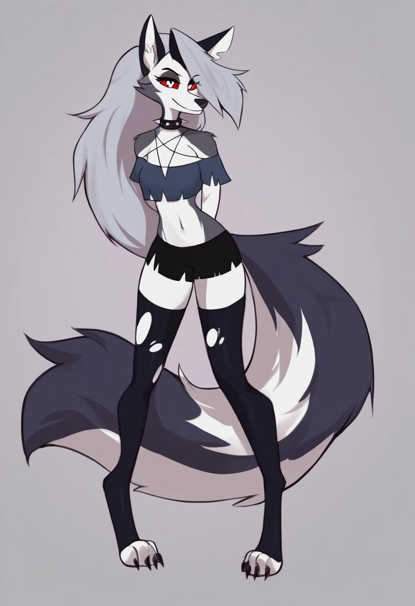 score_9,score_8_up,score_7_up, source_cartoon, an Anthro furry wolf girl, black furry body, black ear tips, short white hair with blue tips on hair, blue highlights in hair, pink eyes, wearing black underwear, black collar, black furry body, (long hair), feminine, white thigh highs, (curved horns), black fur, simple background, dark grey furry body, nice hands, good anatomy, ((two-tone-body)), fluffy tail, 2 tails, one foot up and in view, exposed toes, 4 toes, mouth open, laughing,