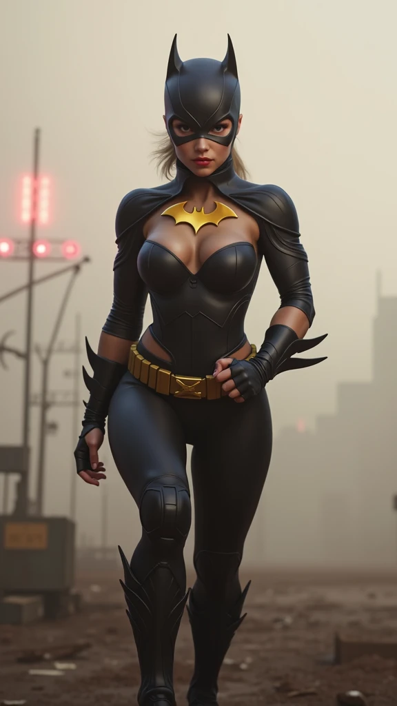 Scene from the movie, Sexy Woman dressed as Batman Beyond from DC, big boobs, extremely detailed, futuristic cityscape, nighttime, glowing neon lights, smoke, sparks, metal shavings, flying debris, blue energy effects, volumetric light