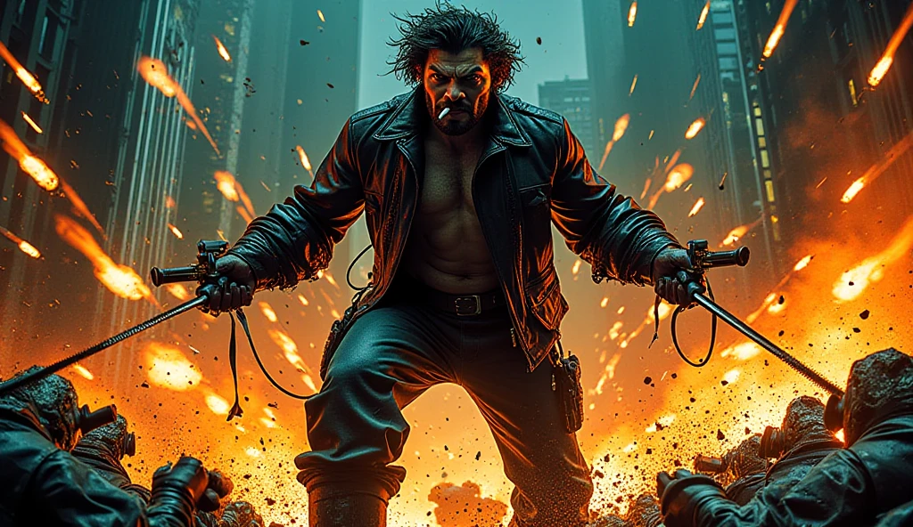 ((a man standing on a comet in space,side view, looking at viewer, upper body)), high detail skin, high detail eyes, high detail hair, highres, ultra detailed, sharpen picture, Highly detailed, masterpiece, best quality, <lora:LoboLoRA:0.8> lobo with long hair, face paint, glowing red eyes, wearing rockeroutfit leather jacket with writing on back armor chains and spikes skulls, holding chain sickle, holding cigar