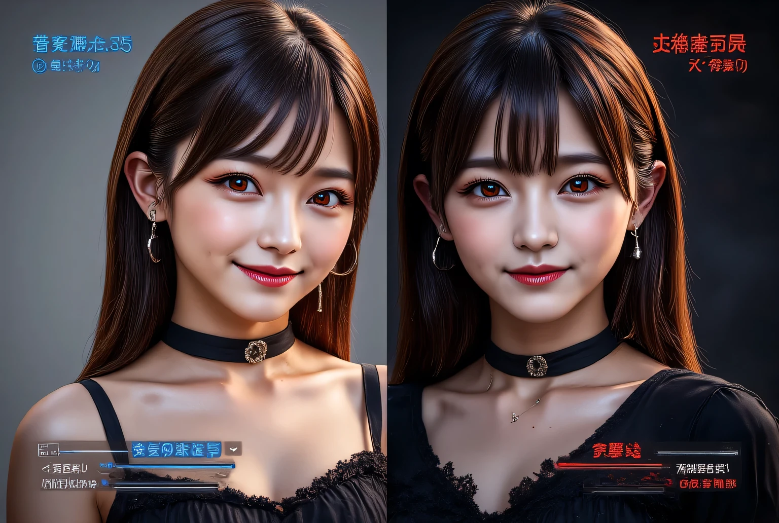 ((live-action)),((( best quality ))),((Game screen )), Character Creation Screen , Job change screen 、Split screen left and right 、 different appearances of the same person on the left and right、Fallen into evil、 The image before the job change is on the left side of the screen「befor]Displayed as、 screen right image after job change 「after」Displayed as、The left side of the screen is a vampire cosplay 、photograph、 Backgrounds Are Grey 、Status show with blue letter 、  long brown hair , Straight Hair,  red lips,  Japanese idol , bangs, smile, pose，Cute display characters ， slender woman ， black choker、Big Breasts、ui、In the title「name : Kanae Nakamura  (25)」show、Display large amounts of data in Japanese、 user interface 、slider show 、 button to change ability values show 、blue letter 、 female character ability show、「skill：Mimicry、absorption、reproduction」and display in Japanese 、「loyalty：∞、love：∞」Displayed as