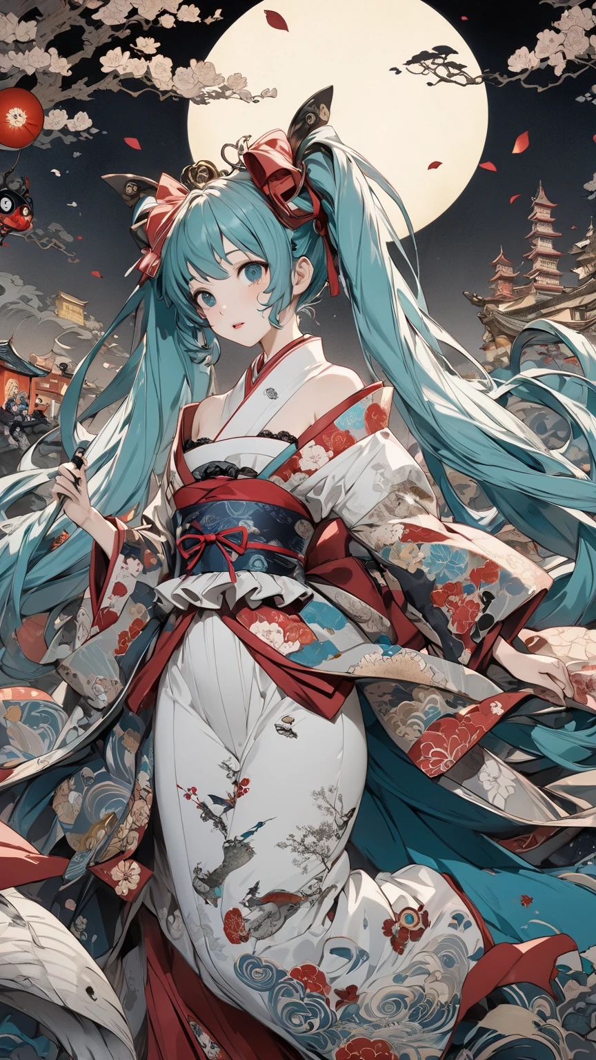 Aqua 9-tailed fox&White, 4 legs, walks on 4 like an animal, add high definition_detail:1, blue fur,kitsune ears, japanesse tattoo art agregar_detail:1, arms in the air, japanese samuray costume add_detail:1, resplandecent body