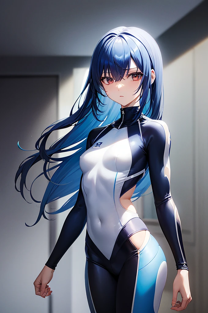Longhaire。Blue gradient hair。Leather Catsuit。small tits。Wearing a hood。blue eyess。Half-faced。long court。Standing Picture。Arms crossed。Staring into the distance。No background。