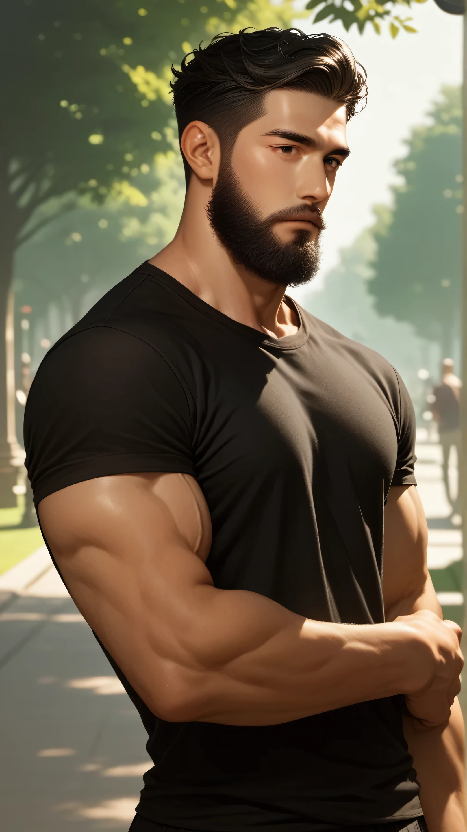 masterpiece, highest quality, ultra detailed, anime, handsome young man, detailed face, black hair, short hair, wavy hair, slicked back hair, full beard, muscular body, casual clothes, modern setting, park background