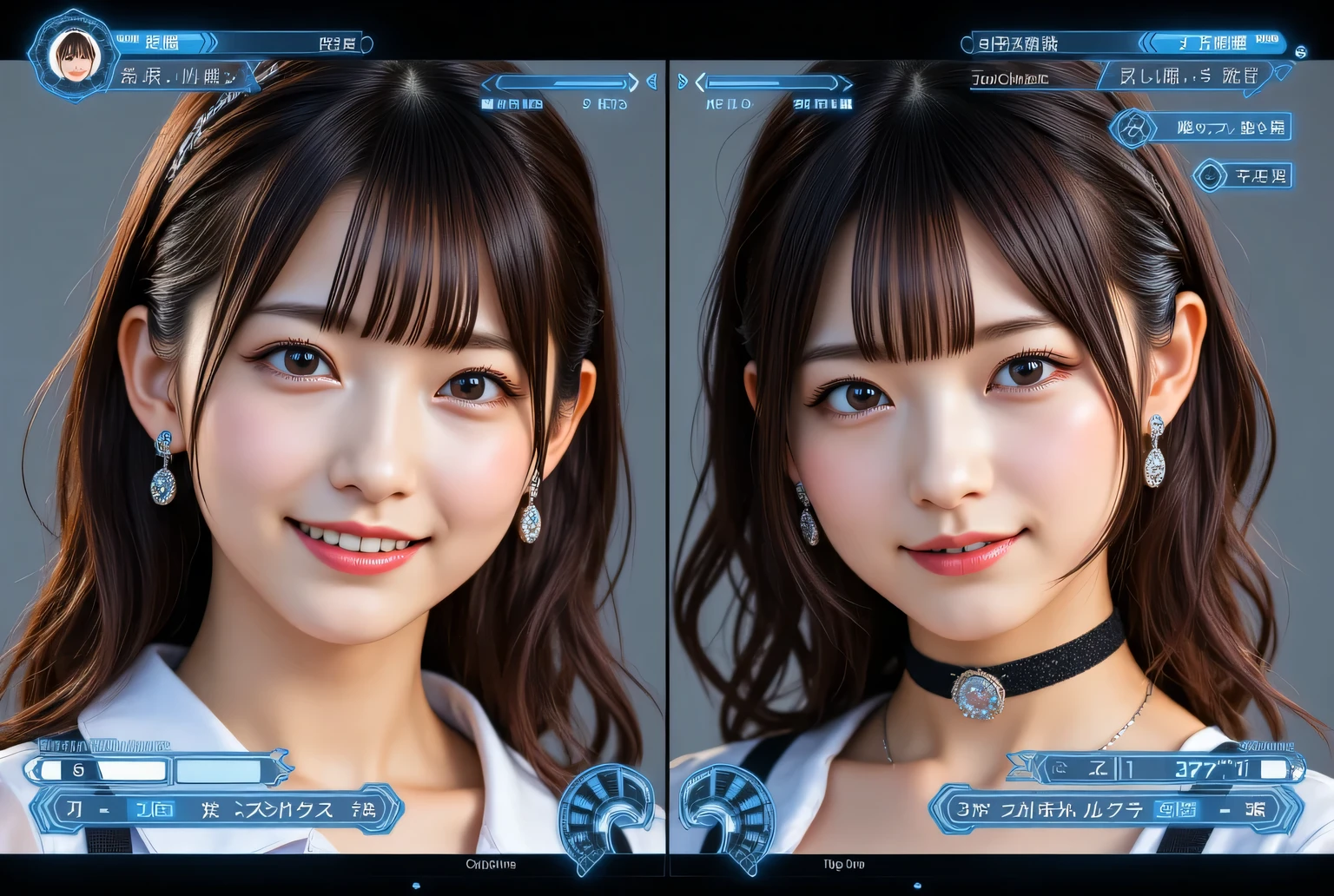 ((live-action)),((( best quality ))),((Game screen )), Character Creation Screen , Job change screen 、Split screen left and right 、Different appearance on the left and right、((Fallen into evil))、 The image before the job change is on the left side of the screen「before」Displayed as、 screen right image after job change 「after」Displayed as、The left side of the screen has a devilish smile、photograph、 Backgrounds Are Grey 、Status show with blue letter 、 long brown hair , Straight Hair, red lips, Japanese idol , bangs, smile, pose,Cute display characters , slender woman , black choker、Big Breasts、ui、In the title「name : Kanae Nakamura (25)」show、Display large amounts of data in Japanese、 user interface 、slider show 、 button to change ability values show 、blue letter 、 female character ability show、「skill:Mimicry、absorption、reproduction」and display in Japanese 、「loyalty:∞、love:∞」Displayed as