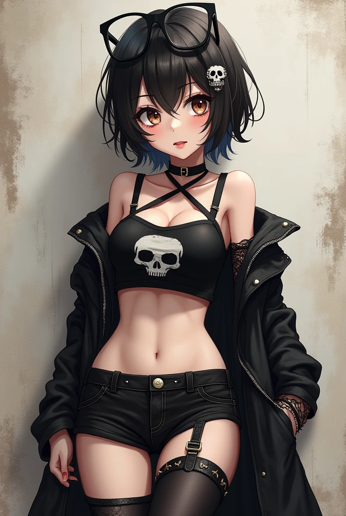 1girl, tomboy, black hair, side-swept pixie hair, cropped shirt, short sleeves, black thong, black lips, black lipstick, skinny, skull print, indoors, tattoos, arm tattoos, looking at viewer, hourglass figure, pale skin