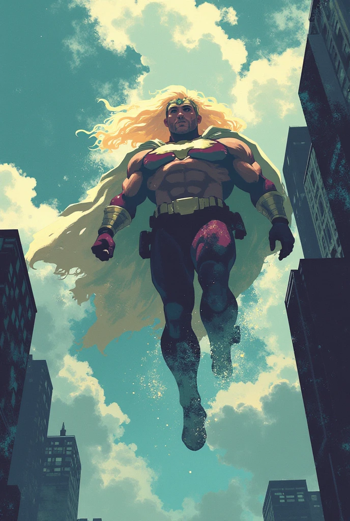 SUPER PERSPECTIVE, WIDE SHOT, FORESHORTEN, FIGHTING STANCE, PERFECTMAN, 1BOY, SOLO, Majestic BLONDE HAIR, hair blown by the wind, BLUE EYES, SUPERHERO, CAPE, BROWN TIGHTS, RED BODYSUIT. LONG SLEEVES, MUSCULAR, <lora:PerfectMan_TheAwesomes_PXL_Leaf1:1>  <lora:superpers:1> flexing his muscles, deflecting bullets off his body, <lora:Surreal_World:0.5> <lora:FaeStyle:0.6> <lora:SDXLFaeTastic2400:0.4> <lora:retro:1>, wtrclr,