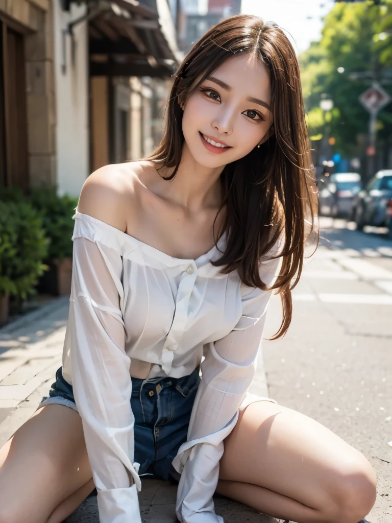 (masterpiece,highest quality,超A high resolution), (((Very beautiful 12 year old girl))), pretty girl、Travel to France、Paris、smile、 Outdoor、Super cute face, Glossy lips, Double eyelids on both eyes, Natural Makeup, Long eyelashes, Shiny and smooth light brown long bob hair, Perfect limbs, FULL Body, Gorgeous cute clothes、Ruffled shirt、Layered Skirt、