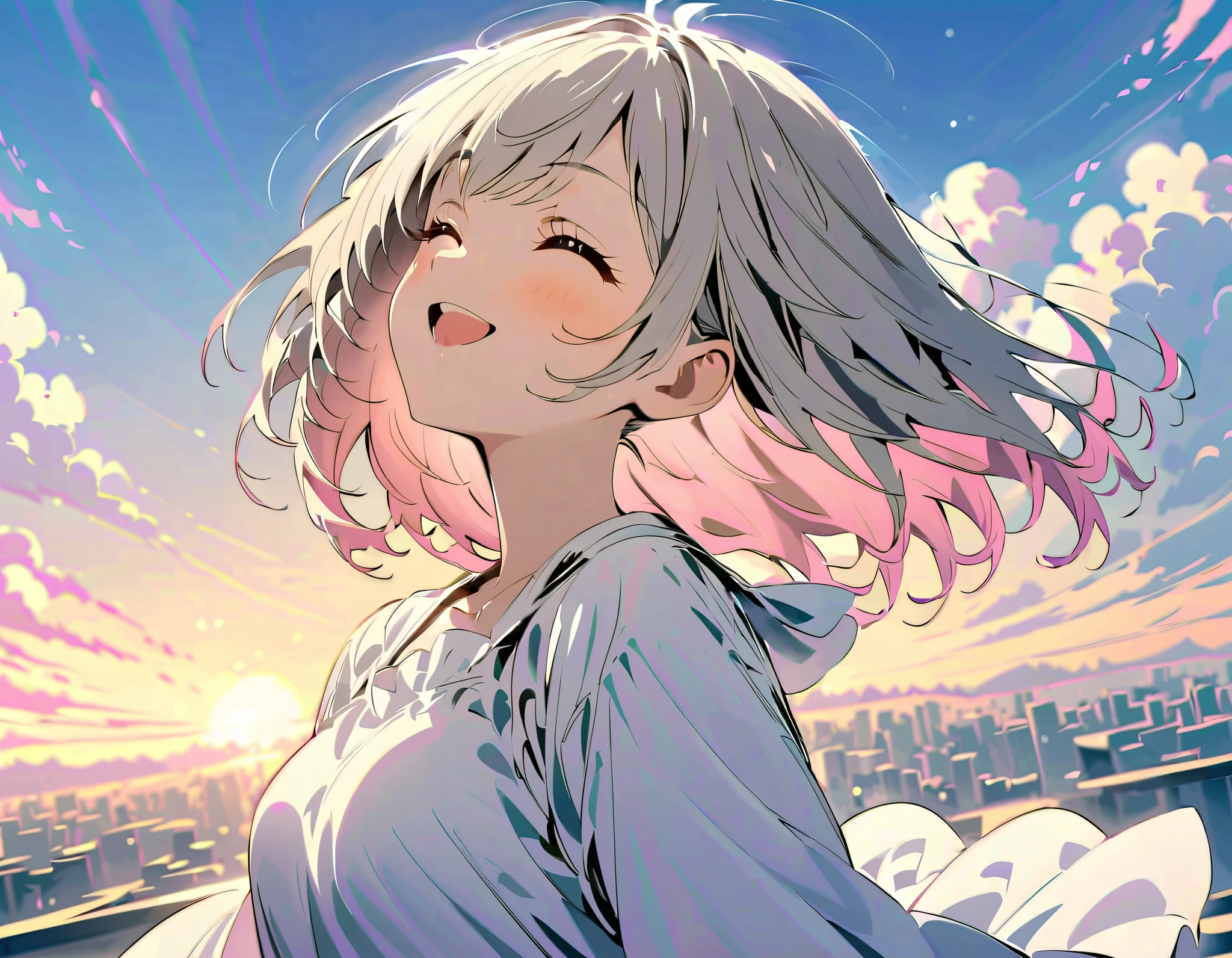 masterpiece, best quality, movie stills, 1 girl, cloud girl, floating in the sky, closure, bright, happy, Warm and soft lighting, Sunset, (spark:0.7)
