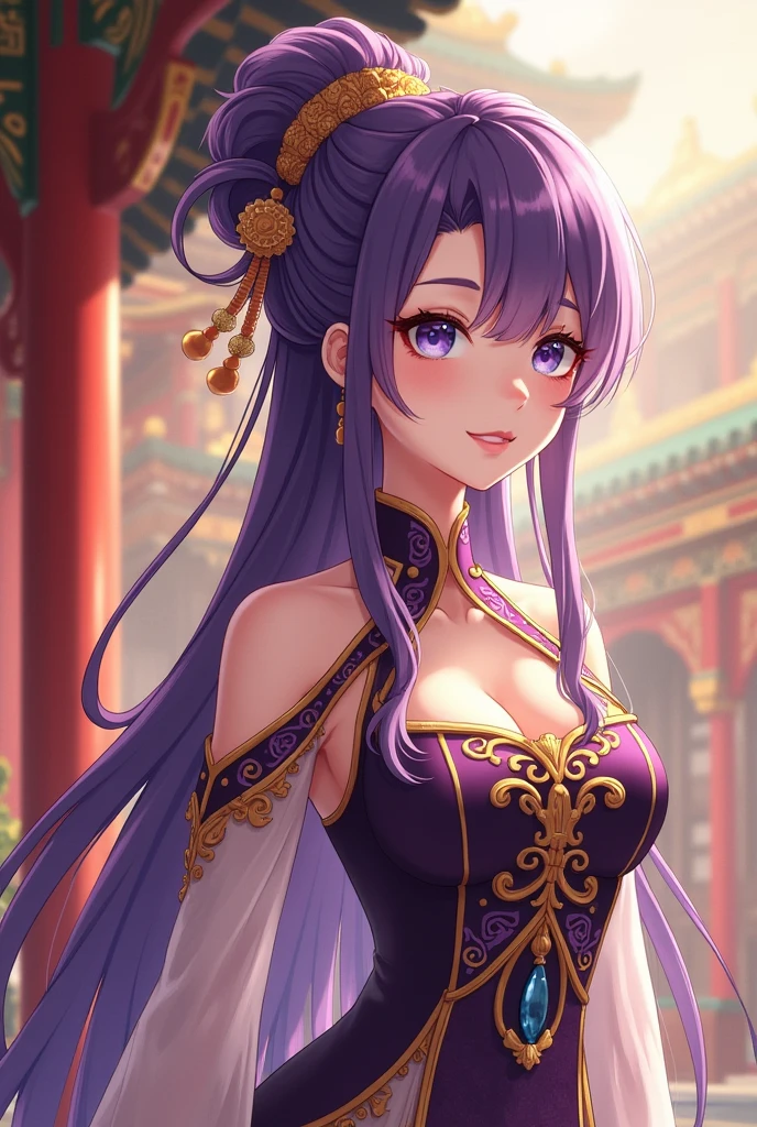 (masterpiece), perfect anatomy, intricate, (highly detailed), masterpiece, photorealistic, perfect anatomy, cinematic lighting, shading, super detailed skin, beautiful detailed eyes, best quality, ultra-detailed, (illustration), ultra-detailed, from above, (extremely delicate eyes:1.3), Chinese dress, demon horns, (flowing silk fabric in vibrant colours), tattoo, (black and red, Embroidery:1.3), (purple hair:1.3), (long hair), (hair over one eye), (extremely detailed dress design), fantasy theme, dynamic pose, slight smile, vibrant colour, shadow, contrast, refraction, perspective, depth, good anatomy, kingdom landscape, stunning details, palace background