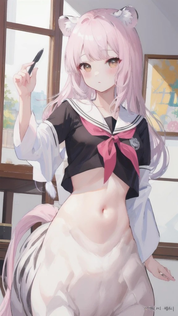 (best quality, masterpiece), 1 girl, centaur, I beg, White skin, Korean schoolgirl,daughter,black pink, exposing the abdomen, belly button t-shirt , beautiful girl perfect, White tiger photo, 완벽한 White tiger photo